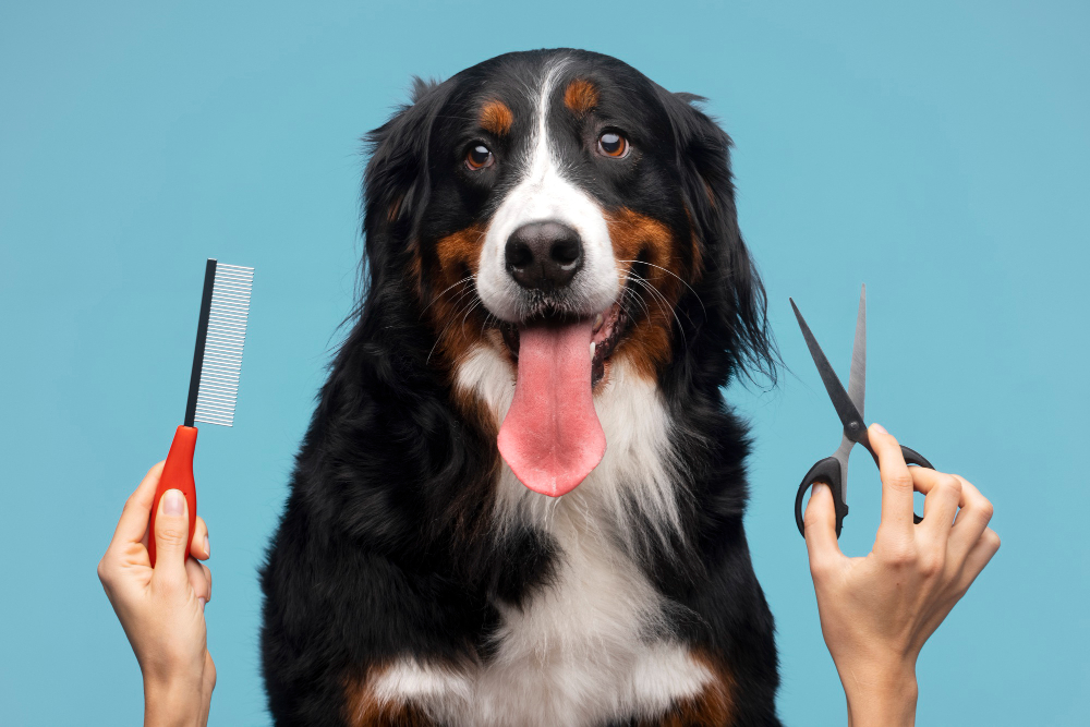 Happy freshly groomed dog with comb and scissors