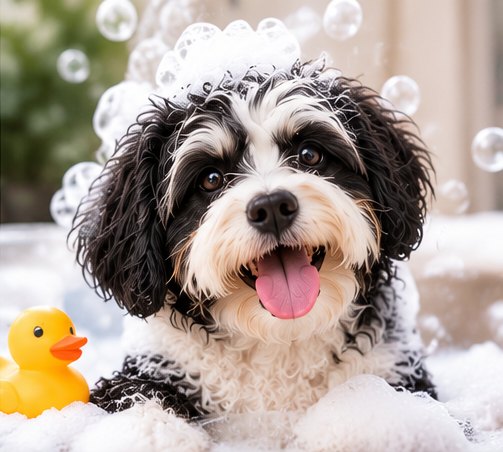 Black and white doodle in a bubble bath with a rubber duck