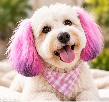 White doodle with pink-dyed ears