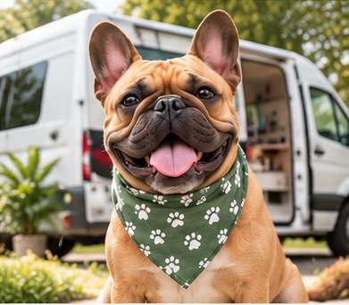 French bulldog in a paw-print bandana
