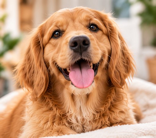 Golden doodle relaxing on a soft blanket